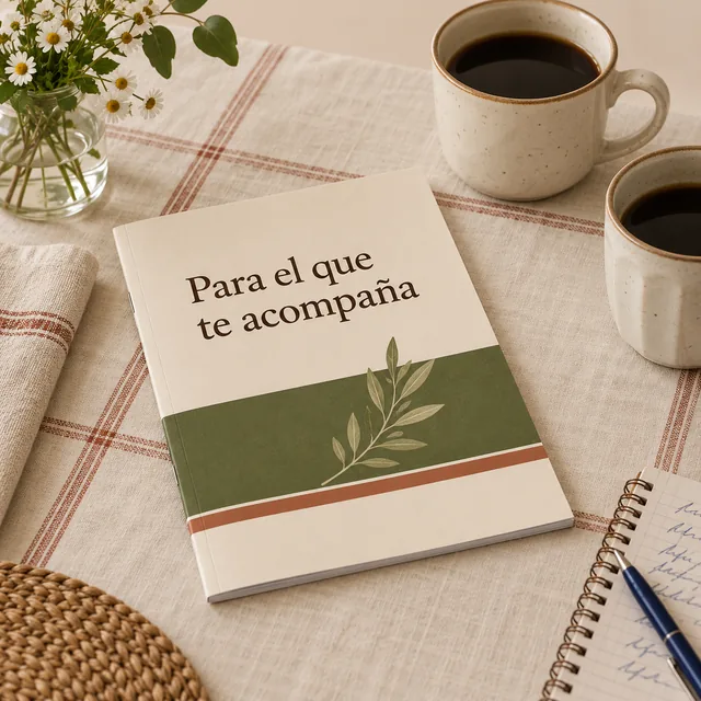El regalo Para el que te acompaña apoyado sobre una mesa, junto a dos tazas