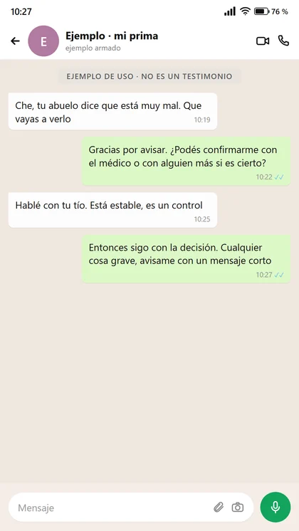 Ejemplo de uso: confirmar con otro familiar antes de volver por una urgencia