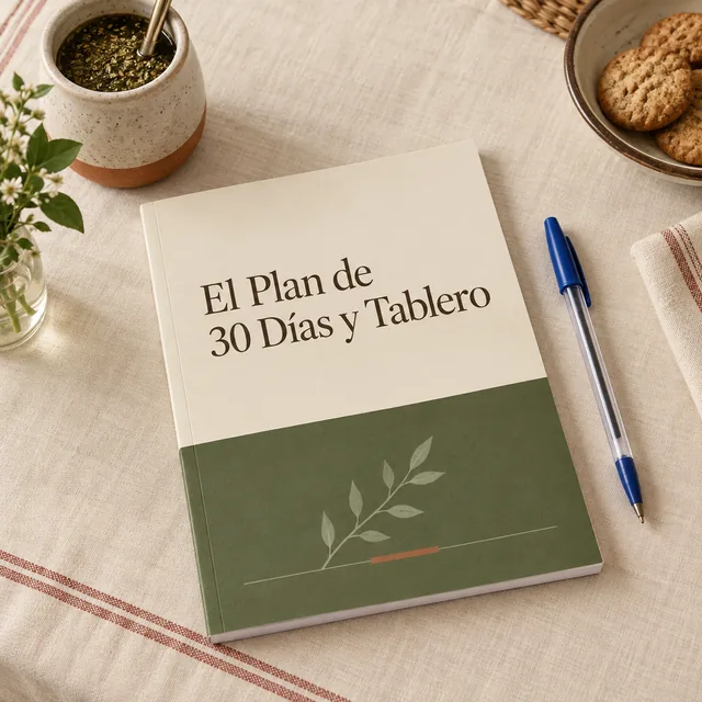 El plan de 30 días y tablero apoyado sobre una mesa, junto a una birome