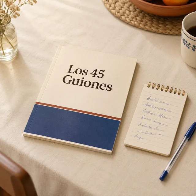 Los 45 guiones apoyado sobre una mesa, junto a un anotador