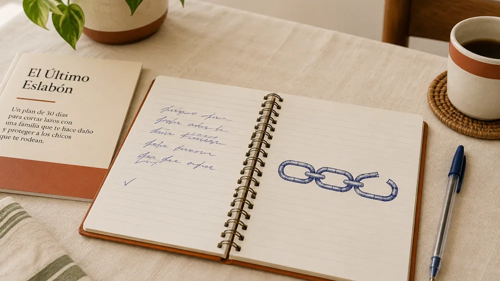 Una libreta abierta con el dibujo a birome de una cadena de tres eslabones, el último abierto